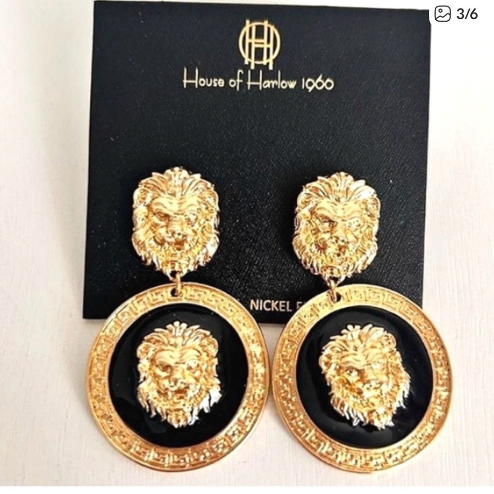 House of Harlow 1960 Gold and Black Lion Medallion Drop Earrings